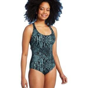 All in Motion Tie Back One Piece Swimsuit‎ Teal Snake Printed Green Blue Medium